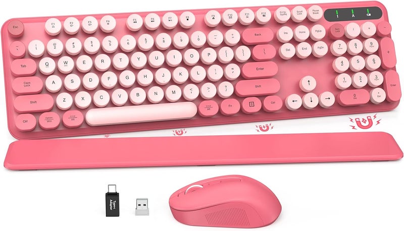 SABLUTE Wireless Keyboard and Mouse Combo - Round Keycaps, Full-Size Retro Typewriter Keyboard with Detachable Wrist Rest, Sleep Mode & Tilt Legs, 2.4GHz Cordless Connection for Mac/Windows/PC (Hot Pink) - Image 1